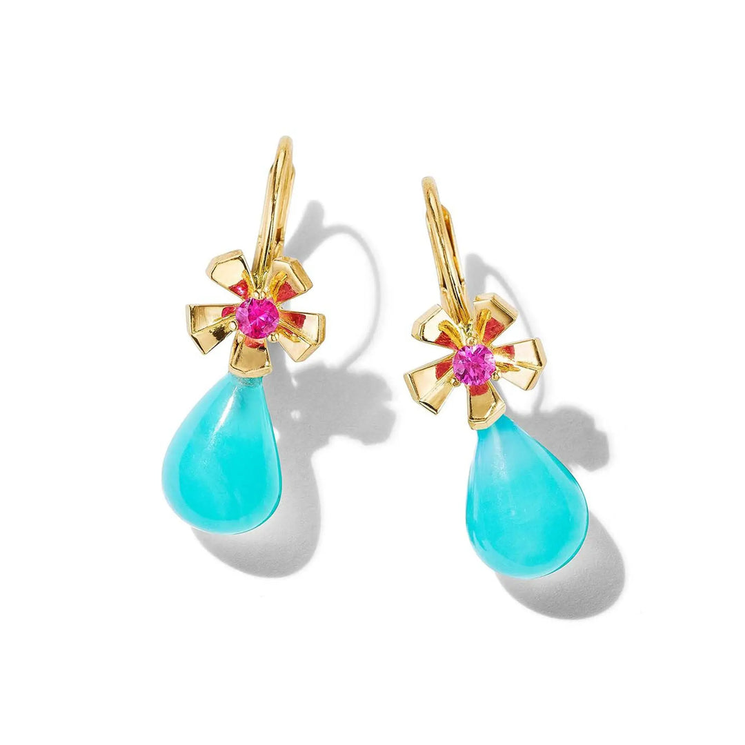 Wonderland Teardrop Peruvian Opal Earrings 18k Yellow Gold Pink Sapphire