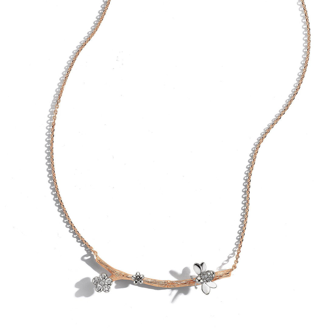 Wonderland Bee & Orchid Twig Necklace_18k White/Rose Gold