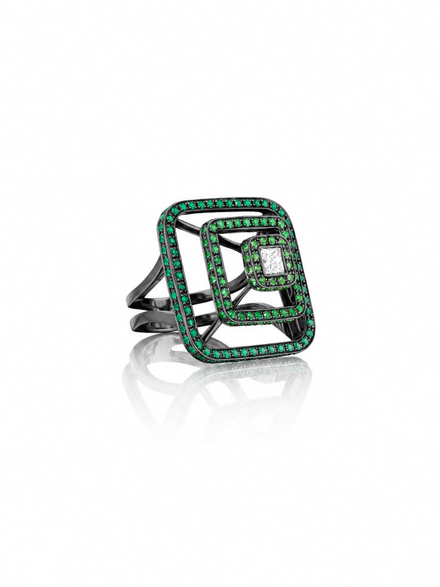 Piece Pyramid Green Tsavorite & Diamond Ring - Large