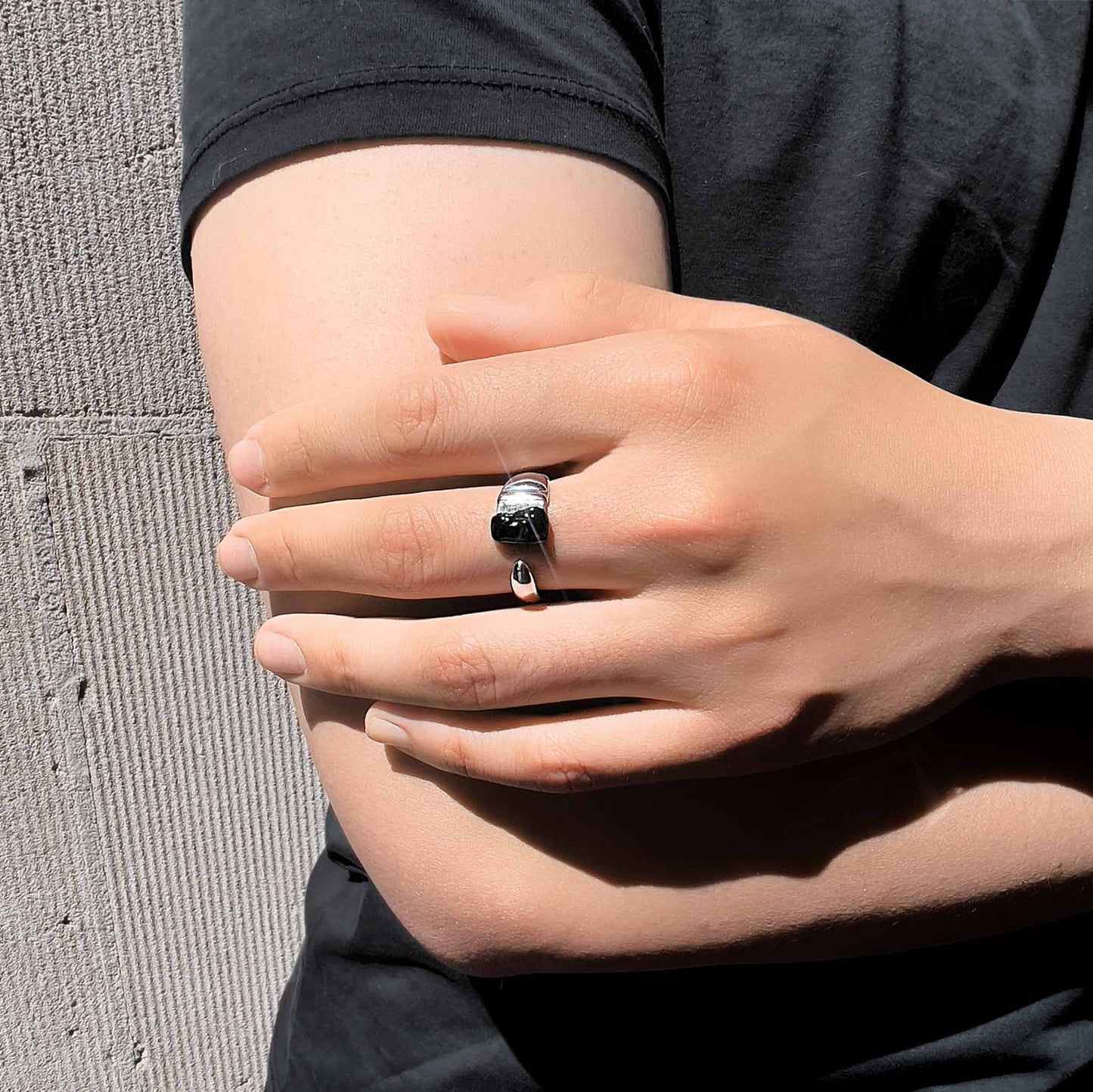 Mimi So Large Parsons Black Enamel Ring On-Body Man
