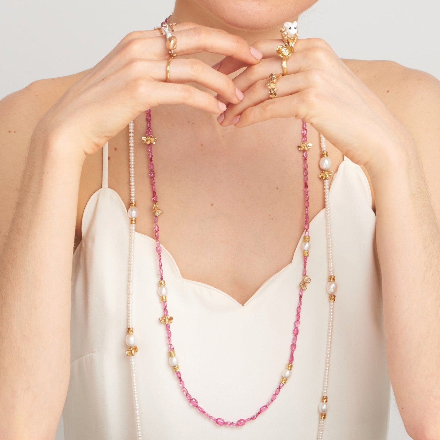 Wonderland  Pink Spinel & Pearl Bead Necklace - Mimi So