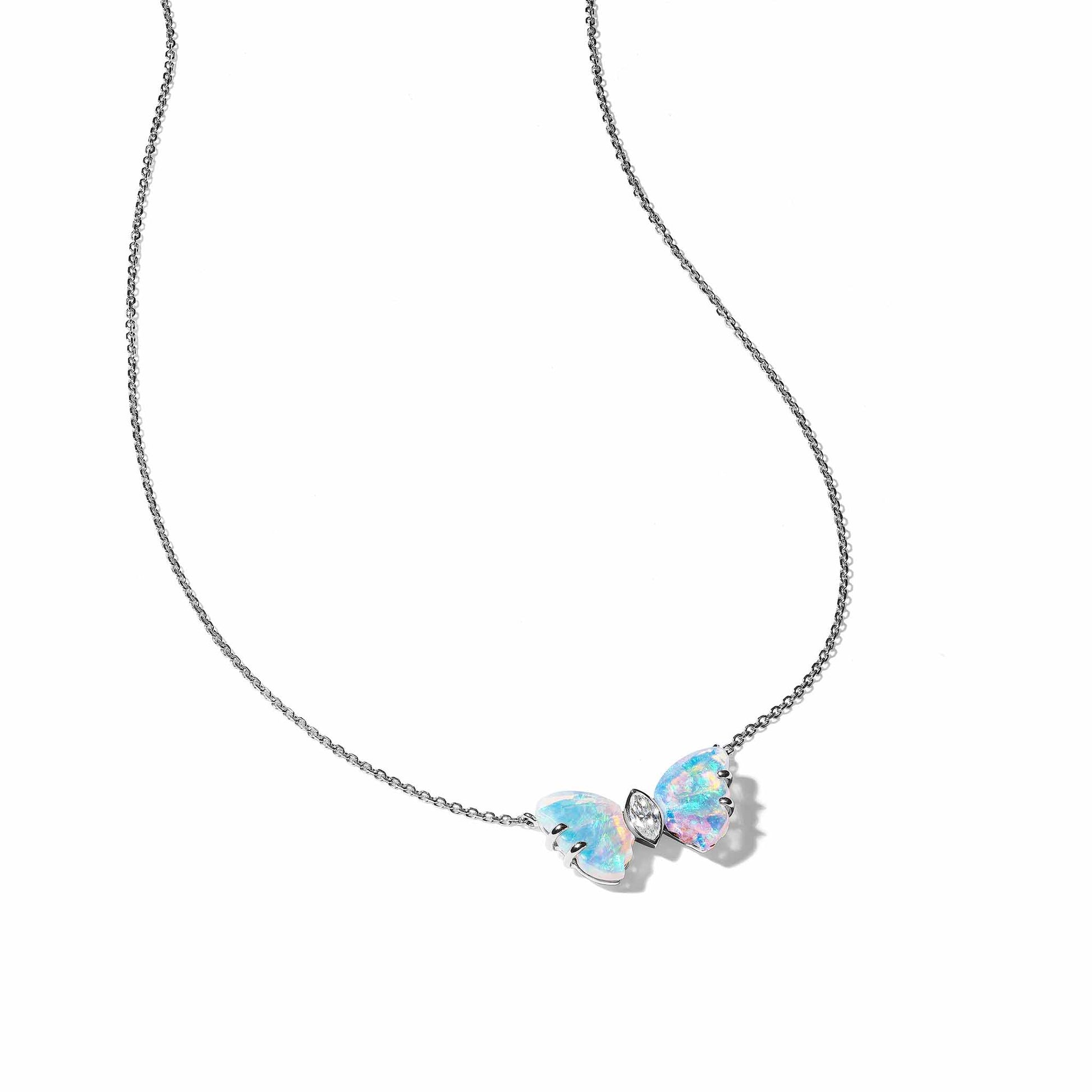 Mimi So Wonderland Butterfly Diamond Opal Pendant Necklace 18k White Gold