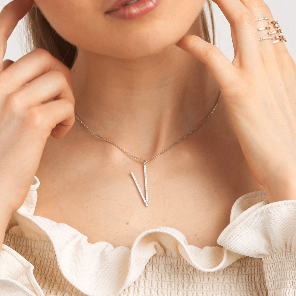Type Letter V Diamond Pendant Necklace - Mimi So
