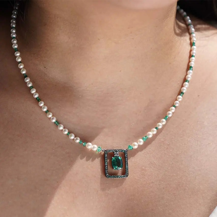 Piece Swing Emerald, Pearl & Carré Cut Diamond Necklace Mimi So