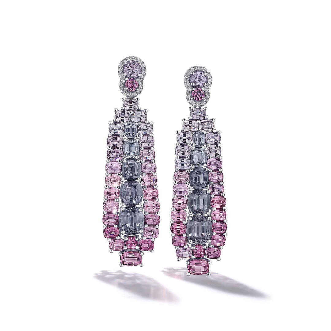 Couture Pink/Purple Spinels and diamond dangling Earrings. Mimi So