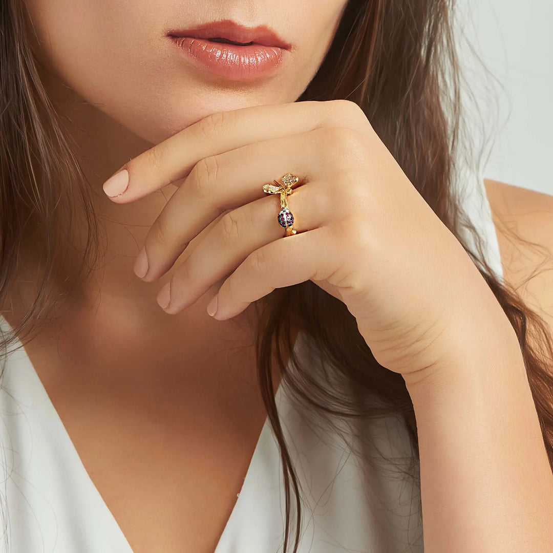 Mimi So Wonderland Butterfly & Ladybug Twig Stackable Ring in 18k Yellow, White, and Black Gold 