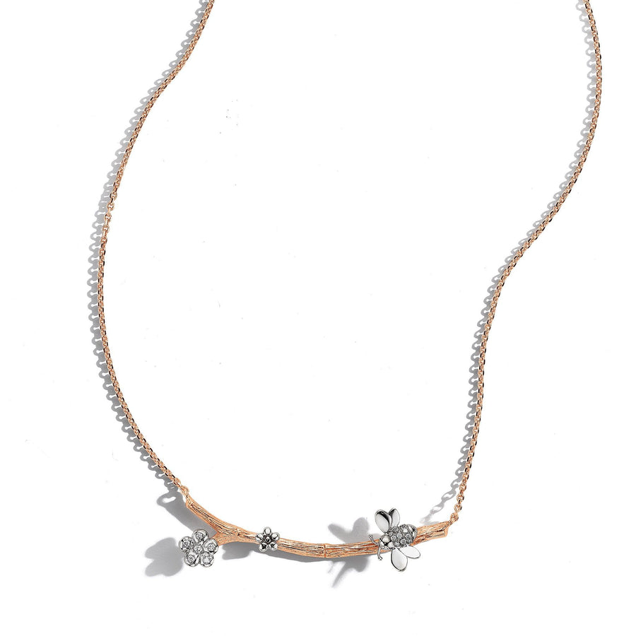 Wonderland Bee & Orchid Twig Necklace_18k White/Rose Gold