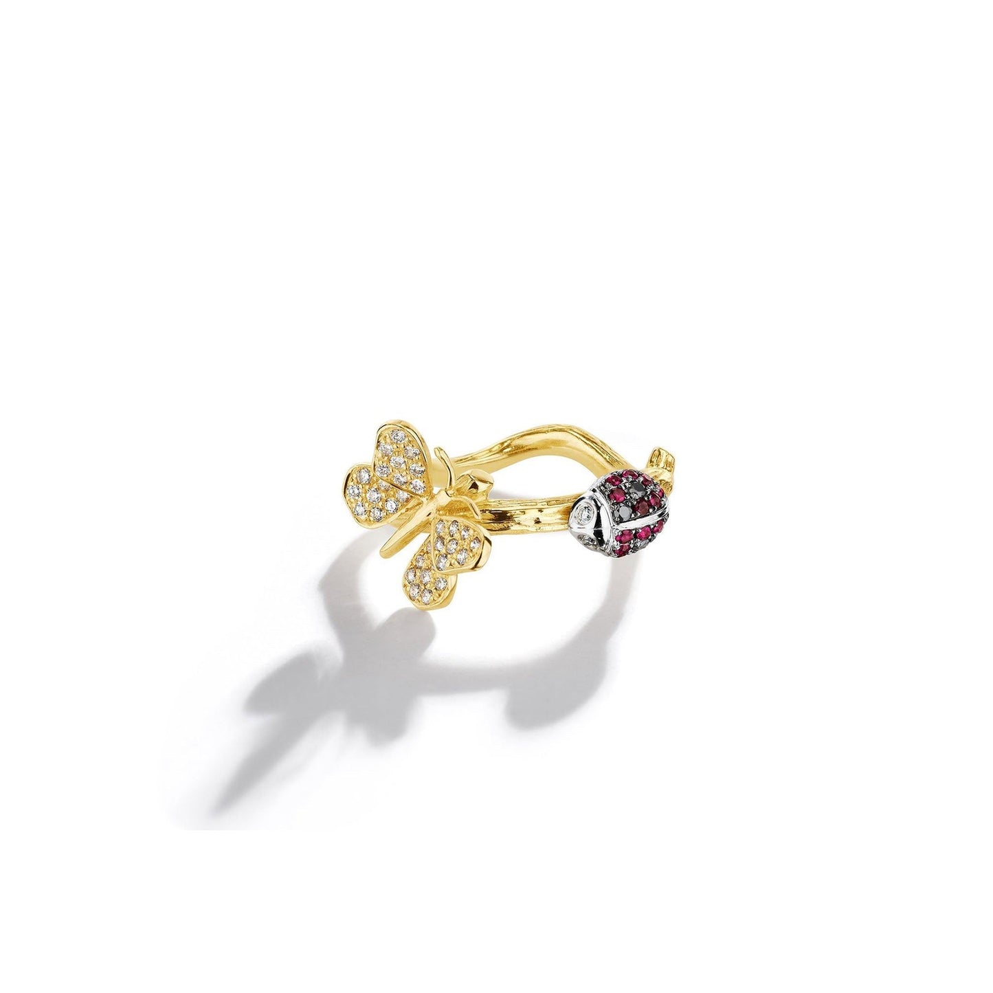 Mimi So Wonderland Butterfly & Ladybug Twig Ring_18k Yellow/White/Black Gold