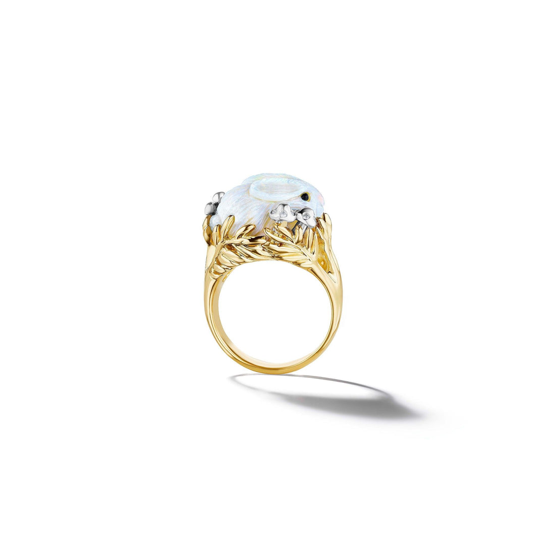 Mimi So Wonderland White Opal Bunny Ring 18k yellow gold