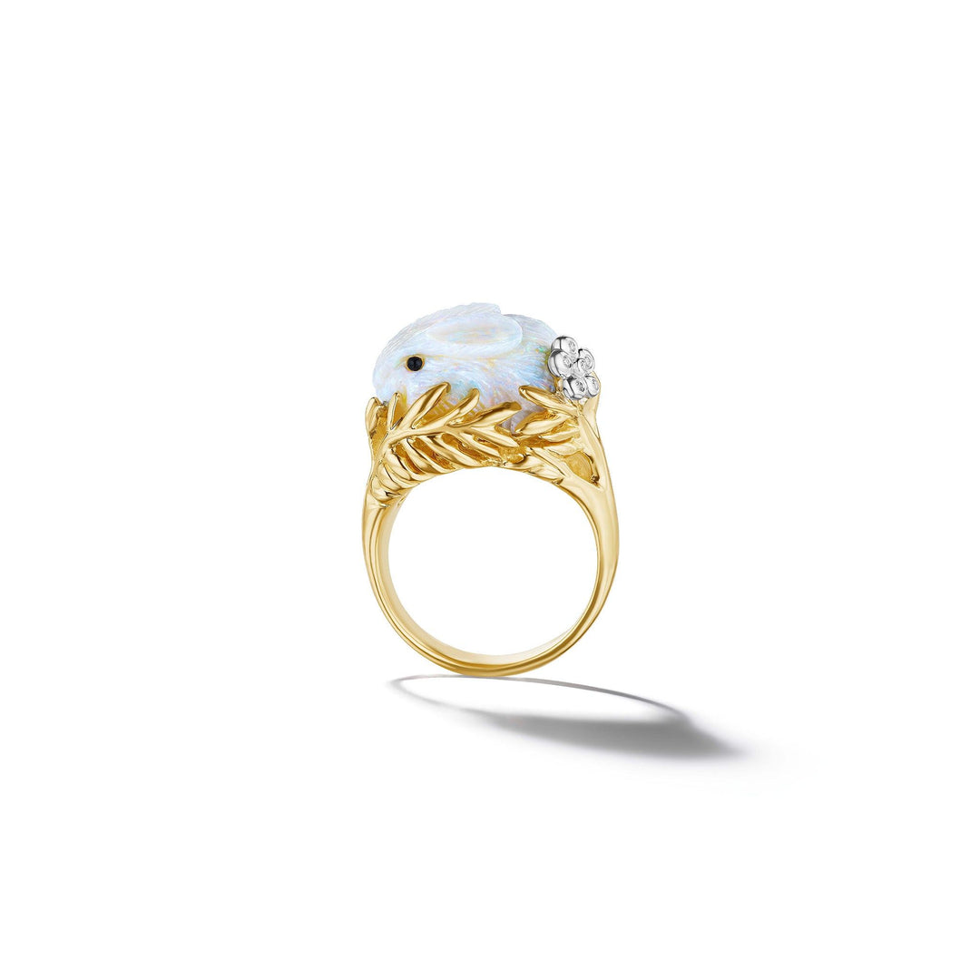 Mimi So Wonderland White Opal Bunny Ring 18k yellow gold