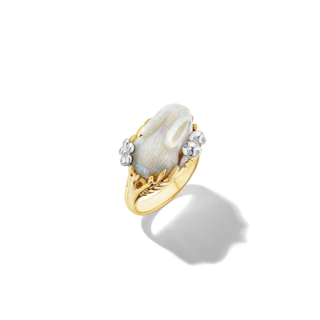 Mimi So Wonderland White Opal Bunny Ring 18k yellow gold